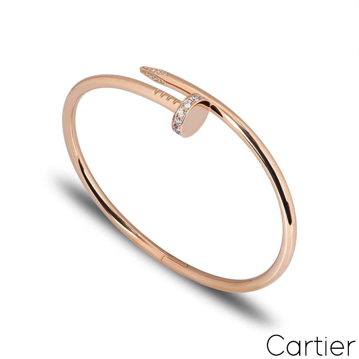 An 18k rose gold, Cartier diamond bracelet from the Juste un Clou collection. The bracelet is in the style of a nail and has 32 round brilliant cut diamonds set in the head and tip totalling 0.58ct and are predominantly F colour and VS clarity. A