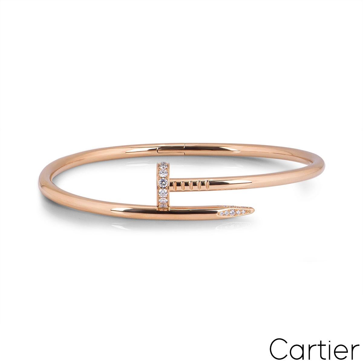 Round Cut Cartier Rose Gold Diamond Juste Un Clou Bracelet Size 18 B6048518 For Sale