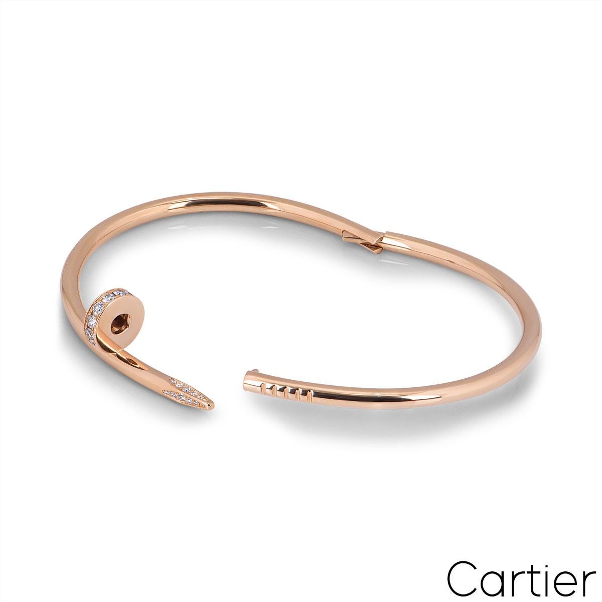 Round Cut Cartier Rose Gold Diamond Juste Un Clou Bracelet Size 19 B6048519 For Sale