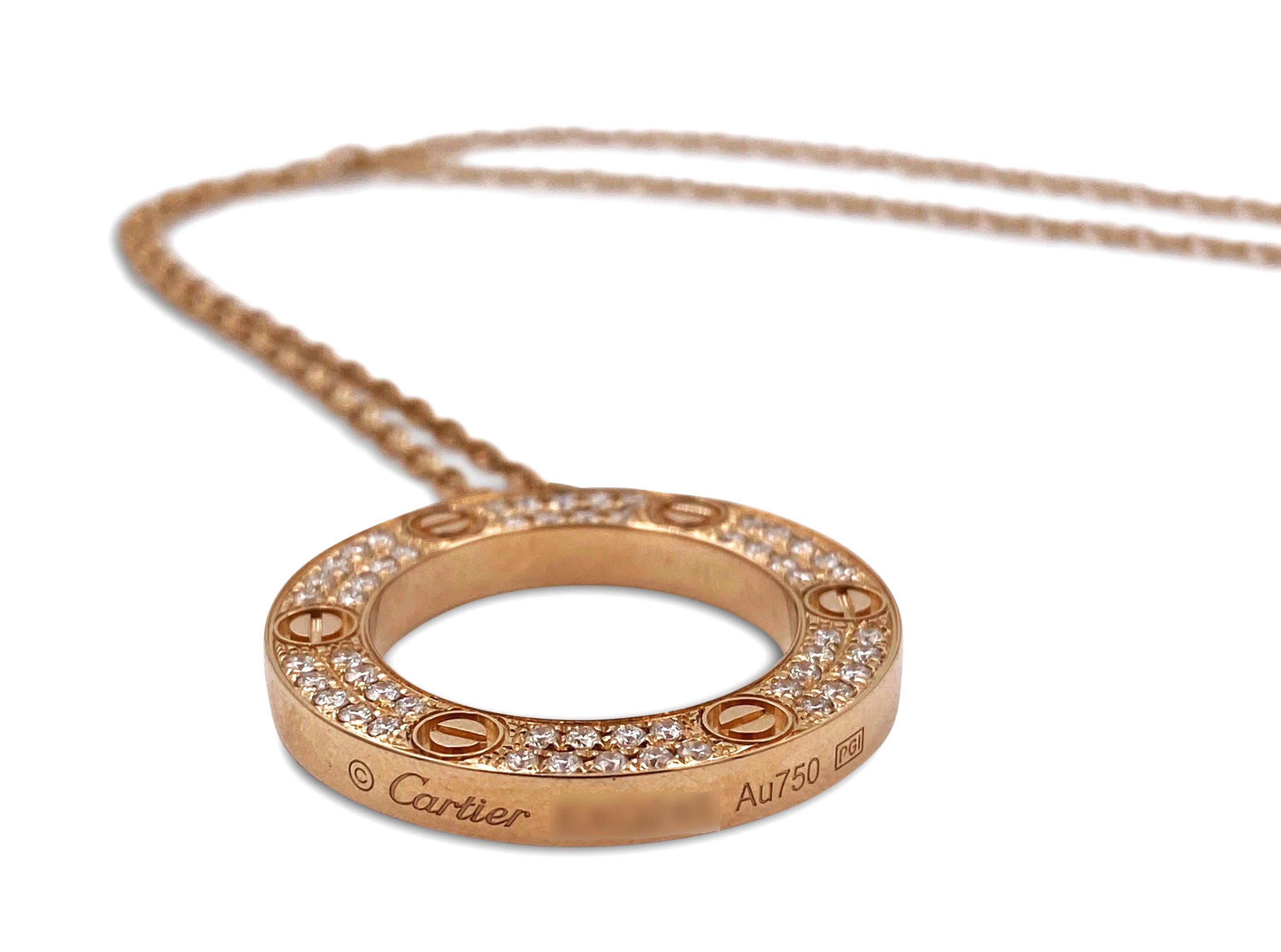 Round Cut Cartier Rose Gold Diamond Love Circle Charm Necklace