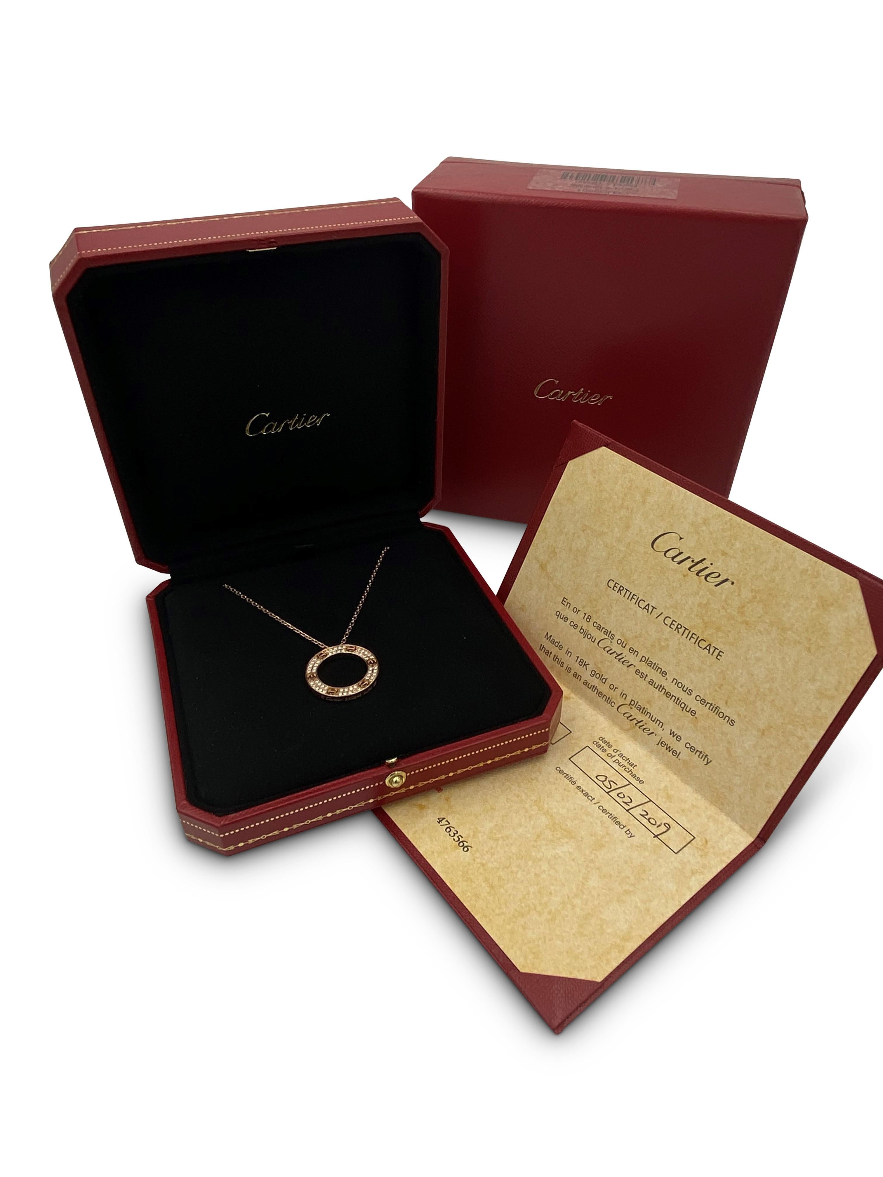 Cartier Rose Gold Diamond Love Circle Charm Necklace In Excellent Condition In New York, NY