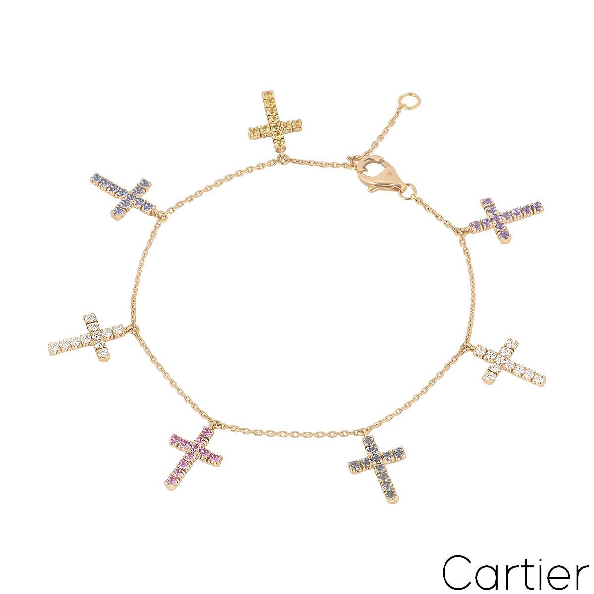 Round Cut Cartier Rose Gold Diamond & Sapphire Cross Charm Bracelet N6701300 For Sale