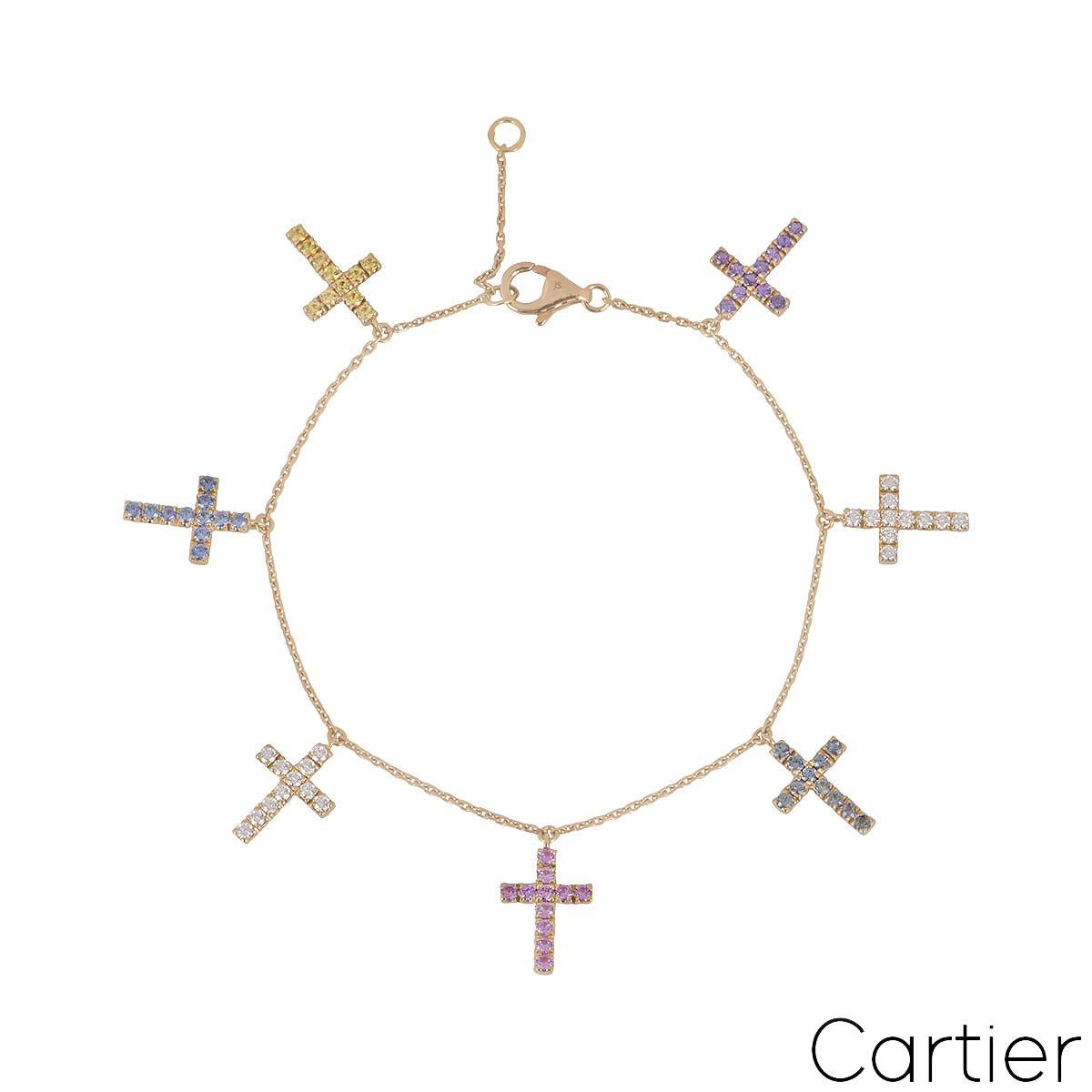 Cartier Rose Gold Diamond & Sapphire Cross Charm Bracelet N6701300 In Excellent Condition For Sale In London, GB