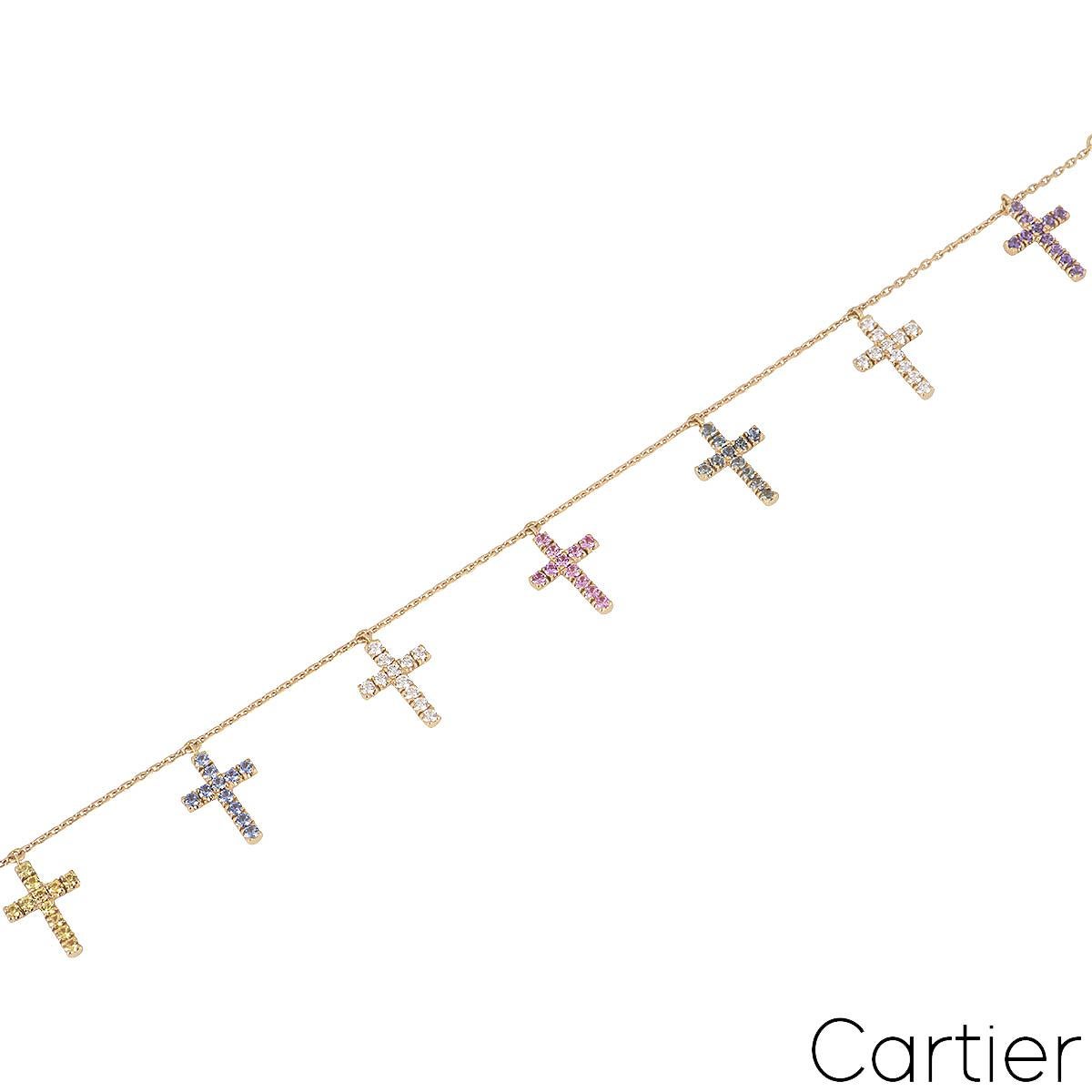 Women's or Men's Cartier Rose Gold Diamond & Sapphire Cross Charm Bracelet N6701300 For Sale