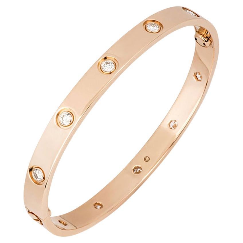 Cartier Rose Gold Full Diamond Love Bracelet Size 18 B6040618 For Sale