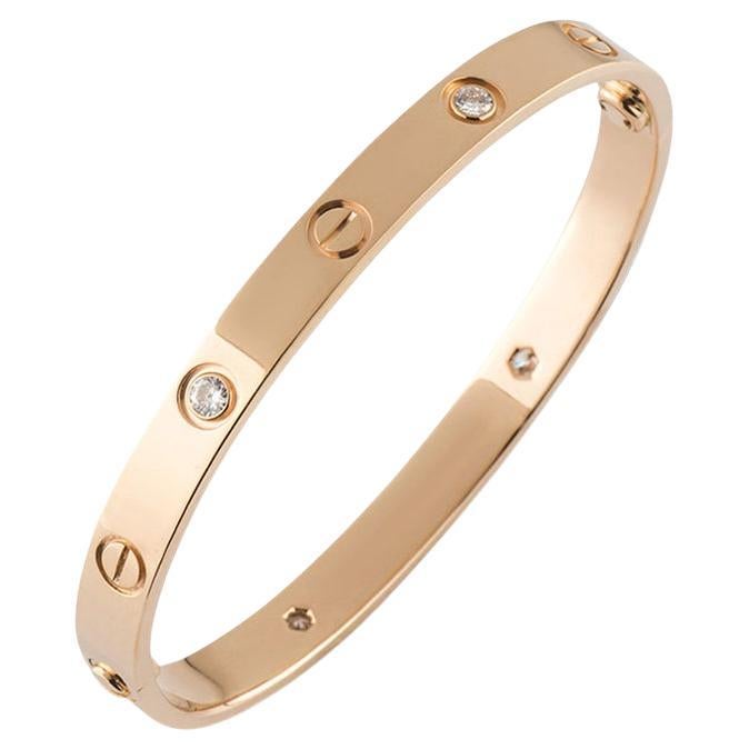 Cartier Rose Gold Half Diamond Love Bracelet Size 16 B6036016 For Sale