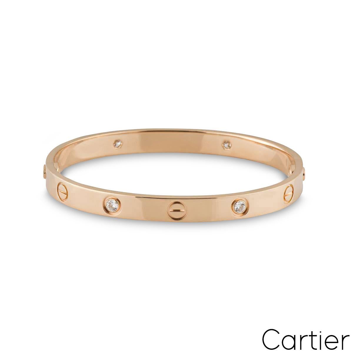 An 18k rose gold half diamond Cartier bracelet from the Love collection. The iconic screw motif alternates with 4 round brilliant cut diamonds on the outer edge of the bracelet totalling 0.42ct. The bracelet is a size 17 and features the new style