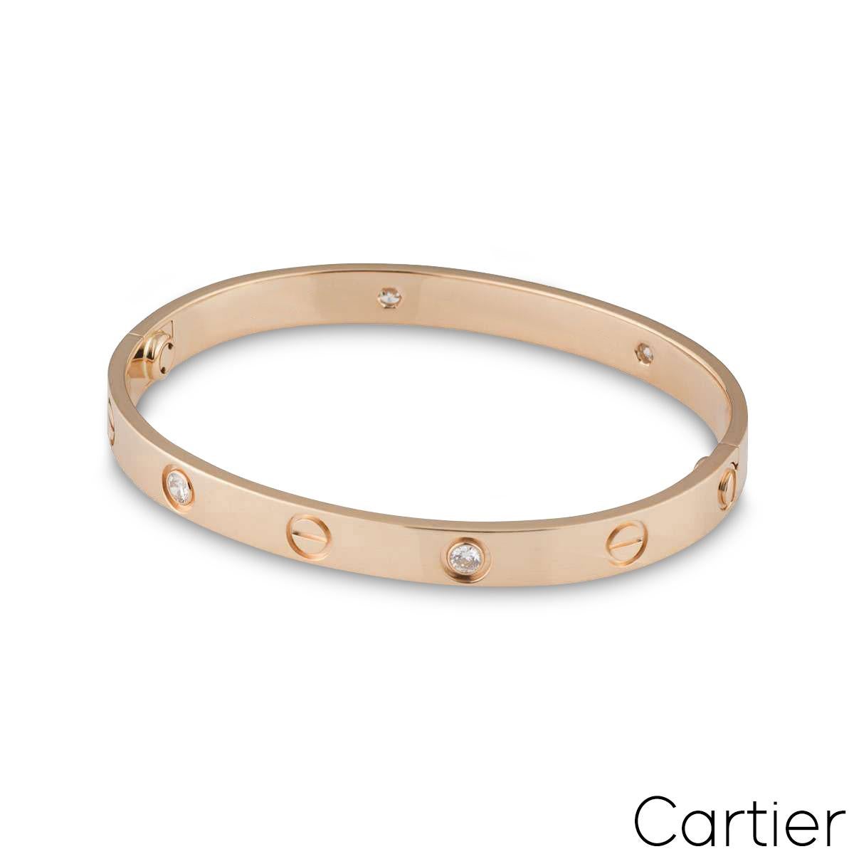 Round Cut Cartier Rose Gold Half Diamond Love Bracelet Size 17 B6036017 For Sale