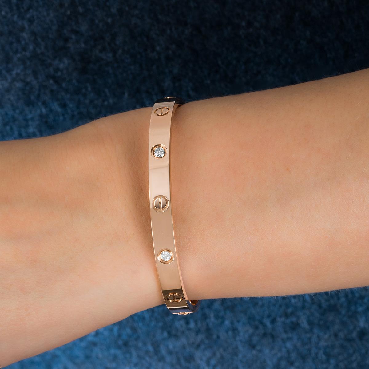 Cartier Rose Gold Half Diamond Love Bracelet Size 17 B6036017 In Excellent Condition For Sale In London, GB