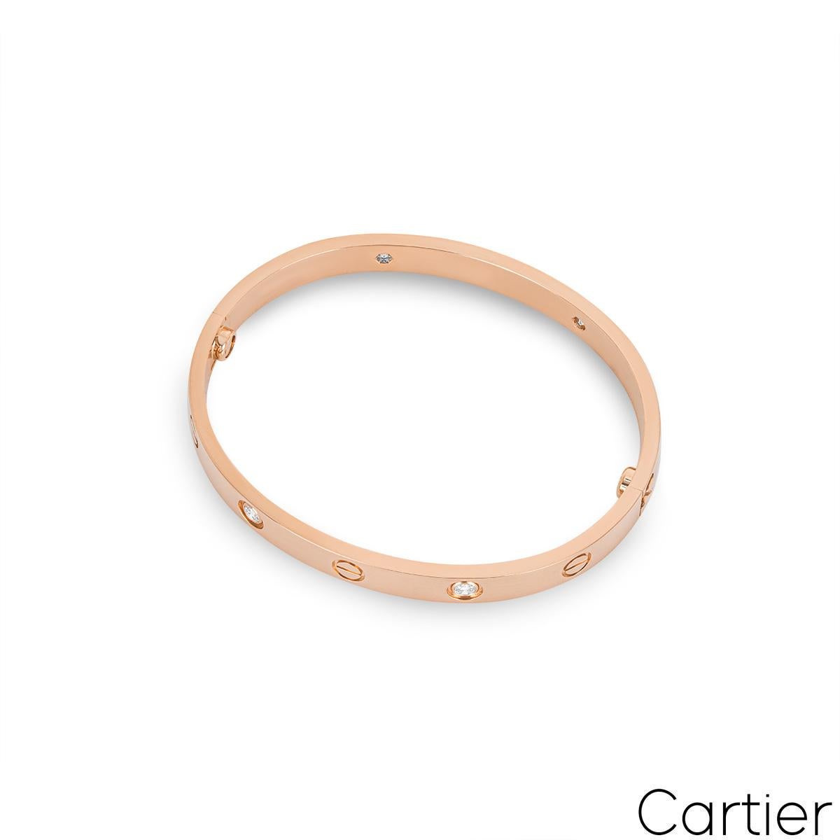 Cartier Rose Gold Half Diamond Love Bracelet Size 17 B6036017 In Excellent Condition For Sale In London, GB