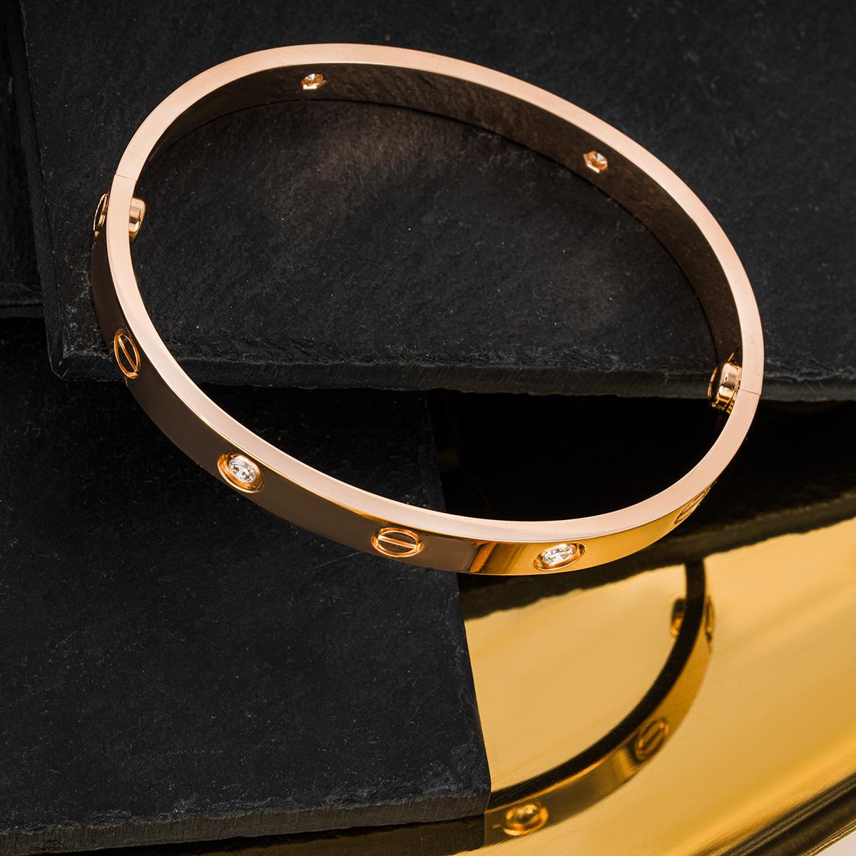 Women's or Men's Cartier Rose Gold Half Diamond Love Bracelet Size 17 B6036017 For Sale