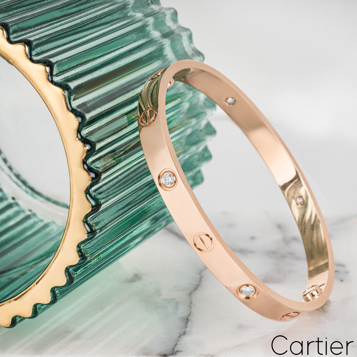 Women's or Men's Cartier Rose Gold Half Diamond Love Bracelet Size 17 B6036017 For Sale
