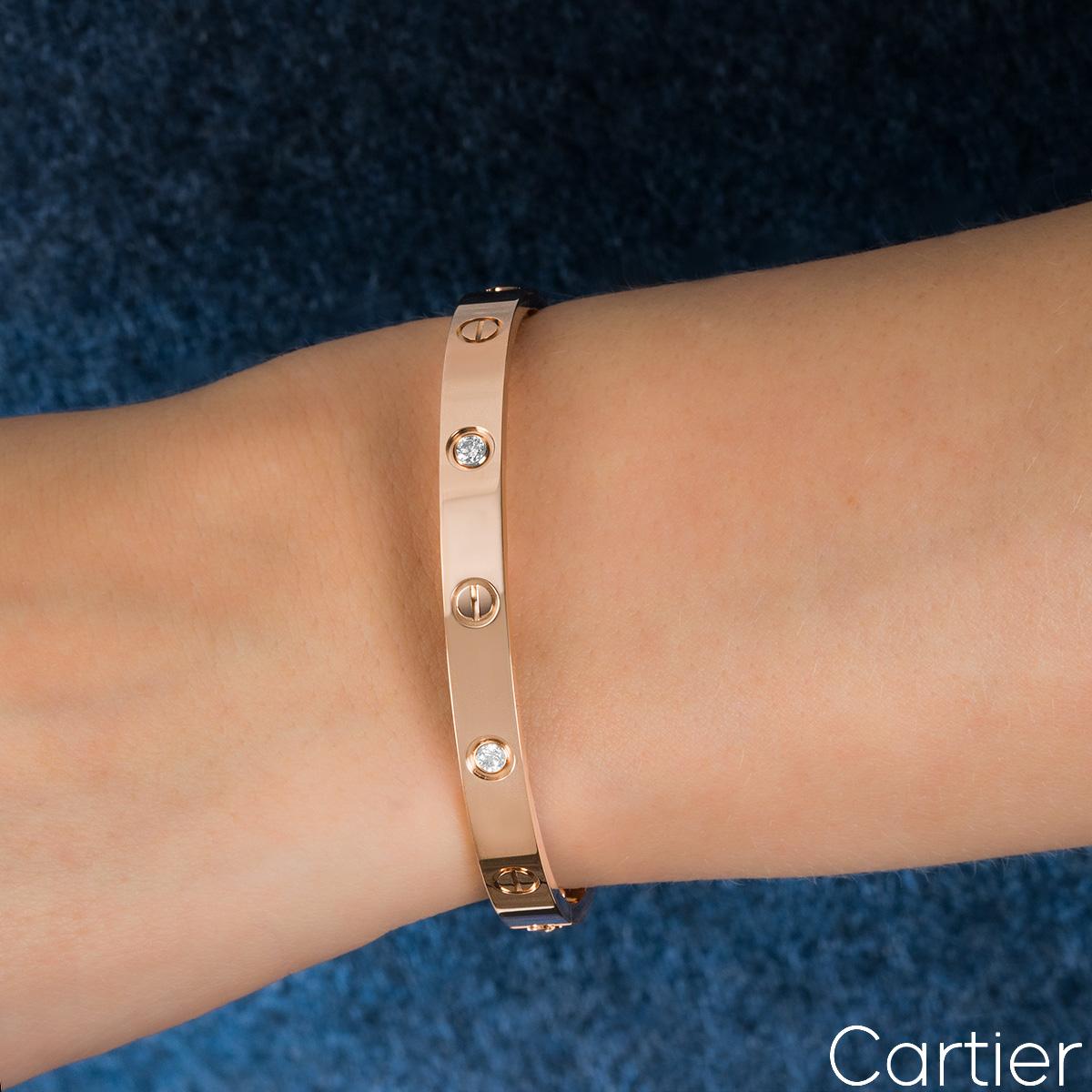 Round Cut Cartier Rose Gold Half Diamond Love Bracelet Size 17 B6036017 For Sale