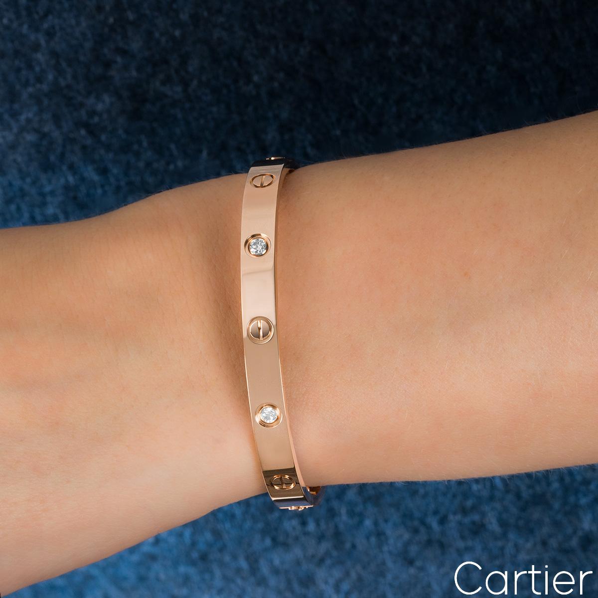 Cartier Rose Gold Half Diamond Love Bracelet Size 17 B6036017 For Sale 1
