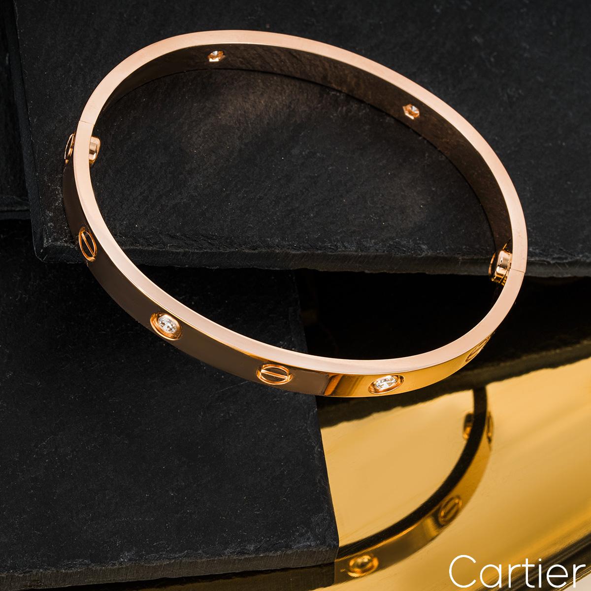 Cartier Rose Gold Half Diamond Love Bracelet Size 17 B6036017 For Sale 2