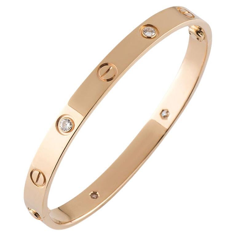 Cartier Rose Gold Half Diamond Love Bracelet Size 17 B6036017 For Sale