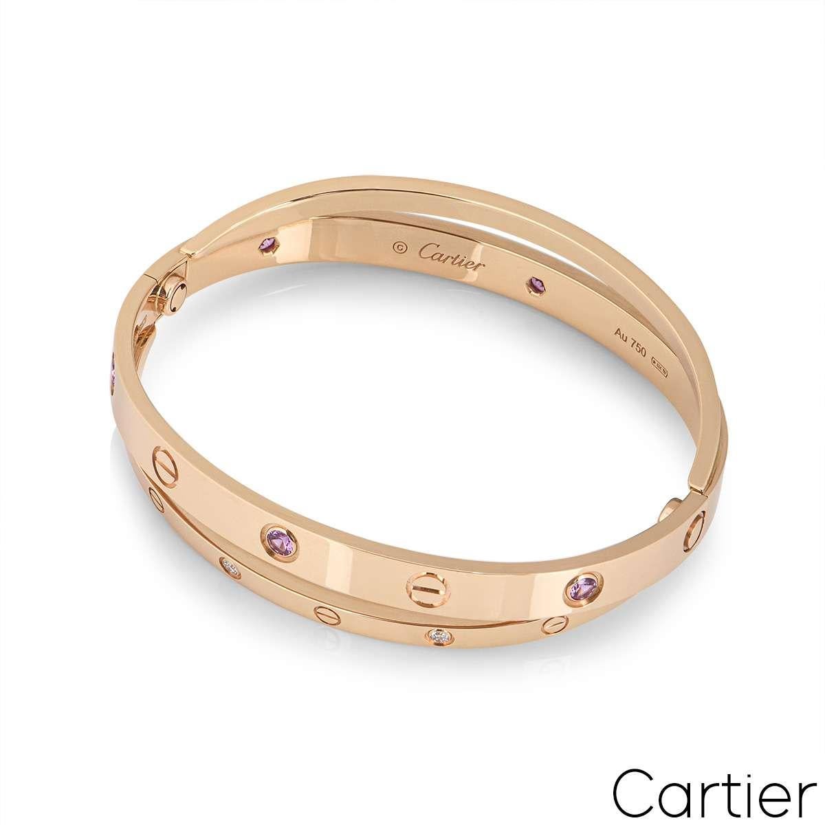 Cartier Rose Gold Half Diamond & Pink Sapphire Double Love Bracelet Size 17 N670 In Excellent Condition For Sale In London, GB