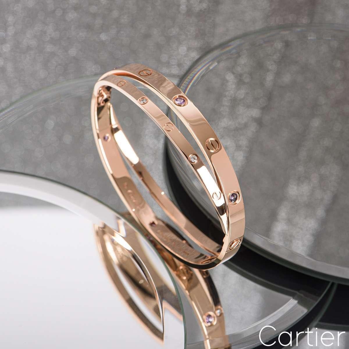 Women's or Men's Cartier Rose Gold Half Diamond & Pink Sapphire Double Love Bracelet Size 17 N670 For Sale