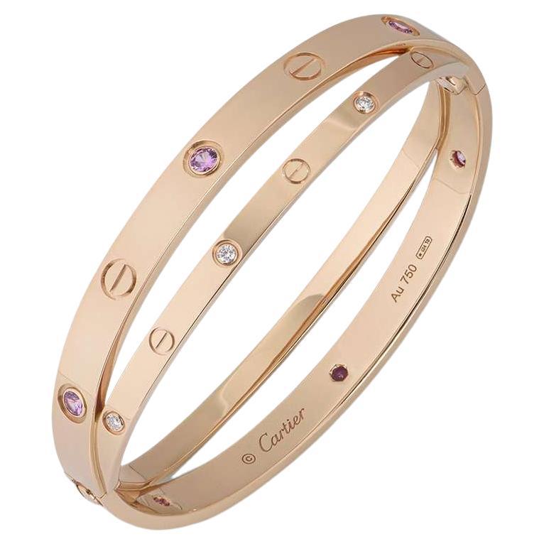 Cartier Rose Gold Half Diamond & Pink Sapphire Double Love Bracelet Size 17 N670 For Sale
