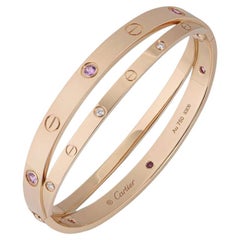 Cartier Rose Gold Half Diamond & Pink Sapphire Double Love Bracelet Size 17 N670