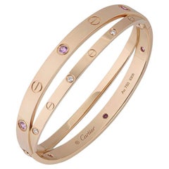 Cartier Rose Gold Half Diamond & Pink Sapphire Double Love Bracelet Size 18 N670