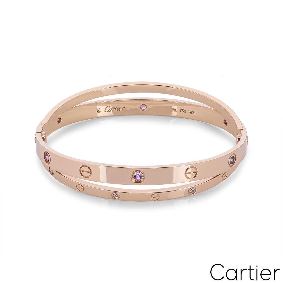 Taille ronde Cartier Bracelet d'amour en or rose, demi diamant et saphir rose, taille 19 N6705919 en vente