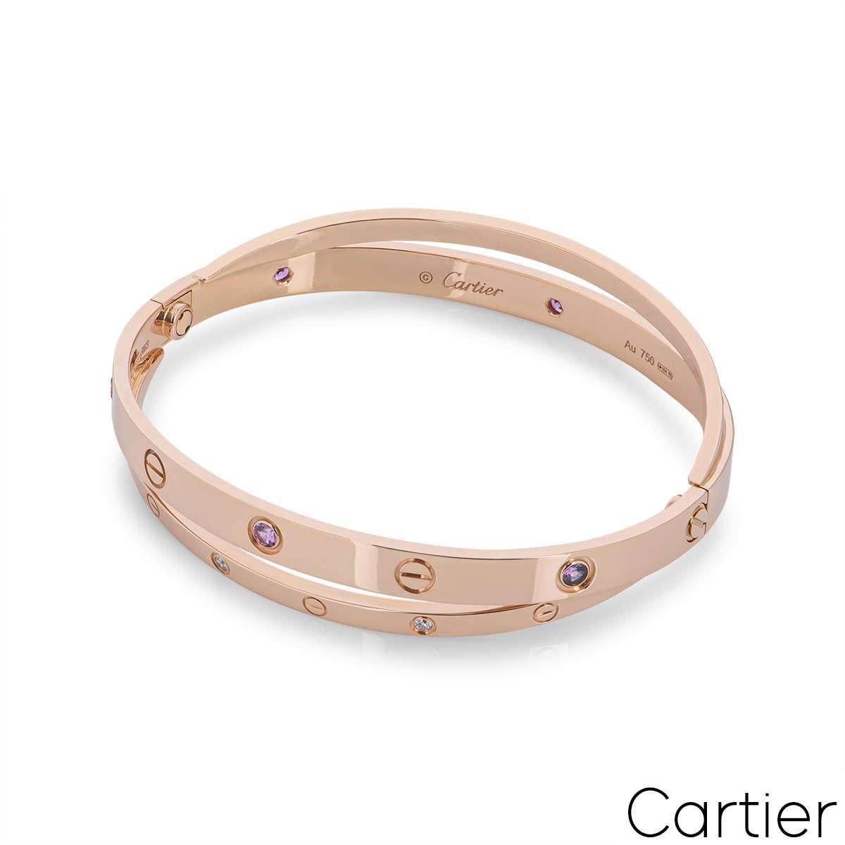 Cartier Bracelet d'amour en or rose, demi diamant et saphir rose, taille 19 N6705919 Excellent état - En vente à London, GB
