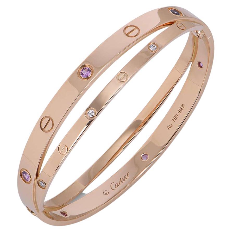 Cartier Rose Gold Half Diamond & Pink Sapphire Love Bracelet Size 19 N6705919 For Sale