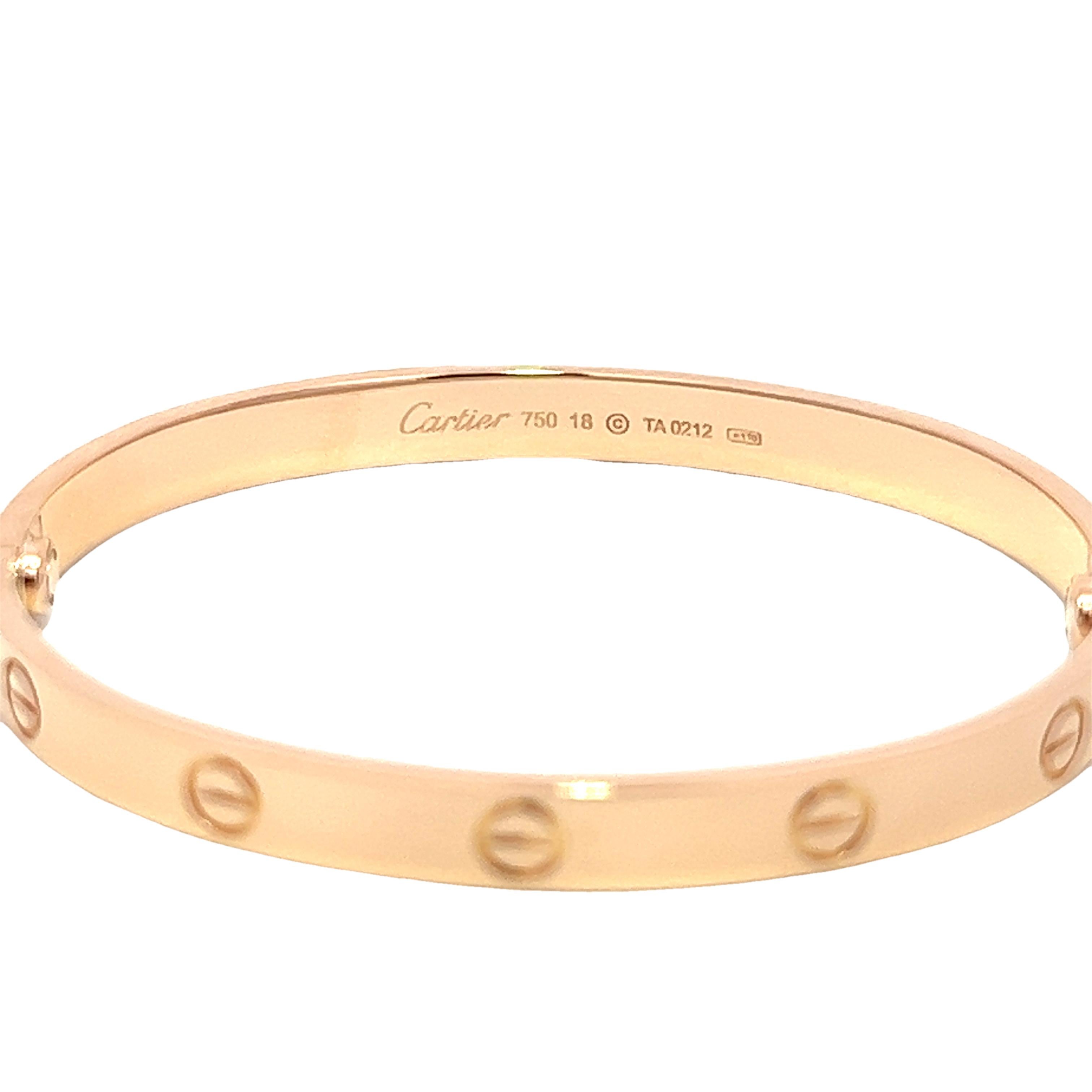 Original LOVE bracelet, 18K rose gold (750/1000). Comes with a screwdriver. The LOVE bracelet is an icon of jewelry design: a close-fitting, oval bracelet composed of two rigid arcs worn on the wrist and removed using a specific screwdriver. This