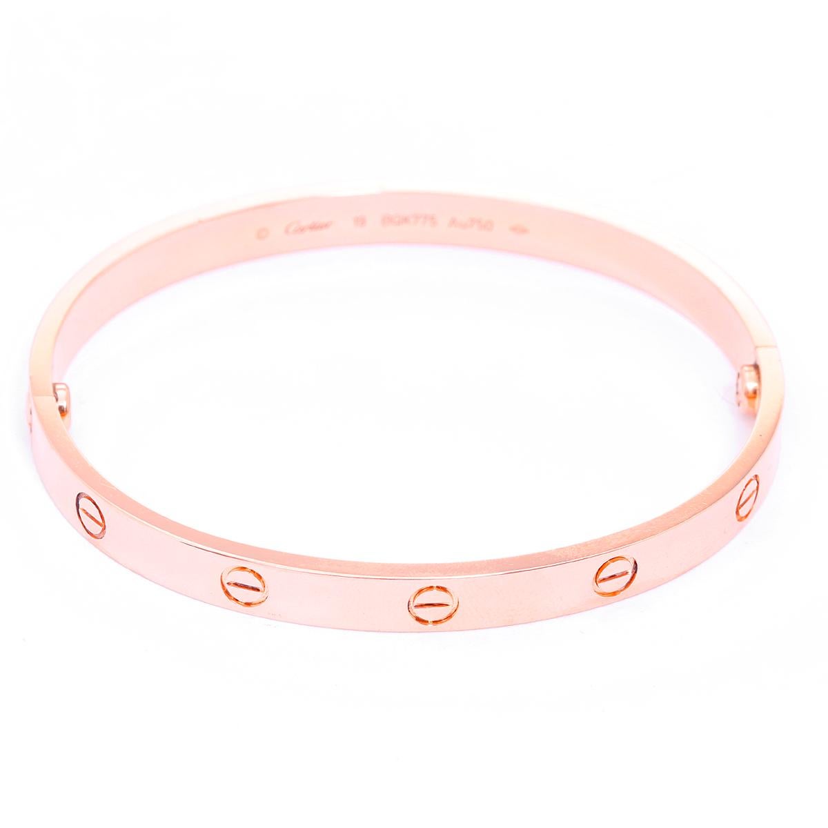 Cartier Love Bracelet 18k Rose Gold Size 19 with Screwdriver - . This beautiful bracelet is stamped Cartier, 19, 750  and BQK775.  This is a great piece for everyday as well as dress. Authenticity guaranteed. Like new condition with no dings or