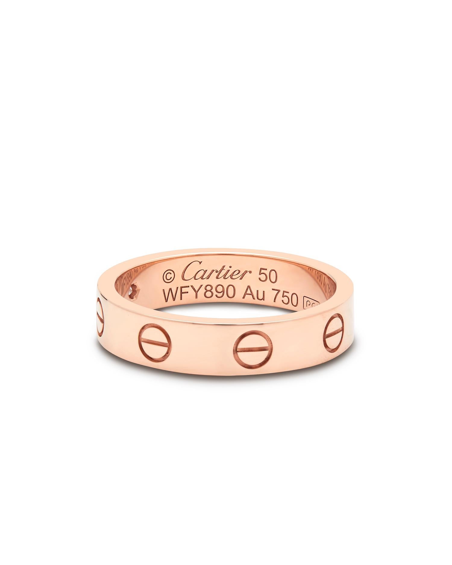 Cartier rose gold Diamond Love ring.

This iconic Love ring set with a single diamond representing your Love in one beautiful ring. This ring is set in rose gold with 1 single diamond, 0.02ct.

Signed Cartier
Purchased in Jan 2024
Stamped 750
Model
