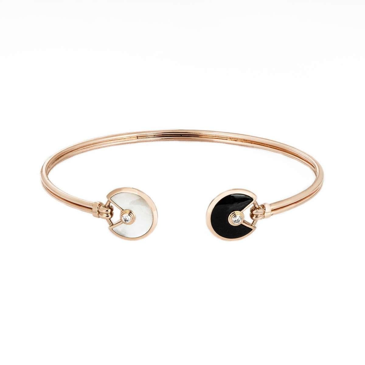 Round Cut Cartier Rose Gold Mother of Pearl, Onyx & Diamond Amulette Bracelet Size 16 B605 For Sale