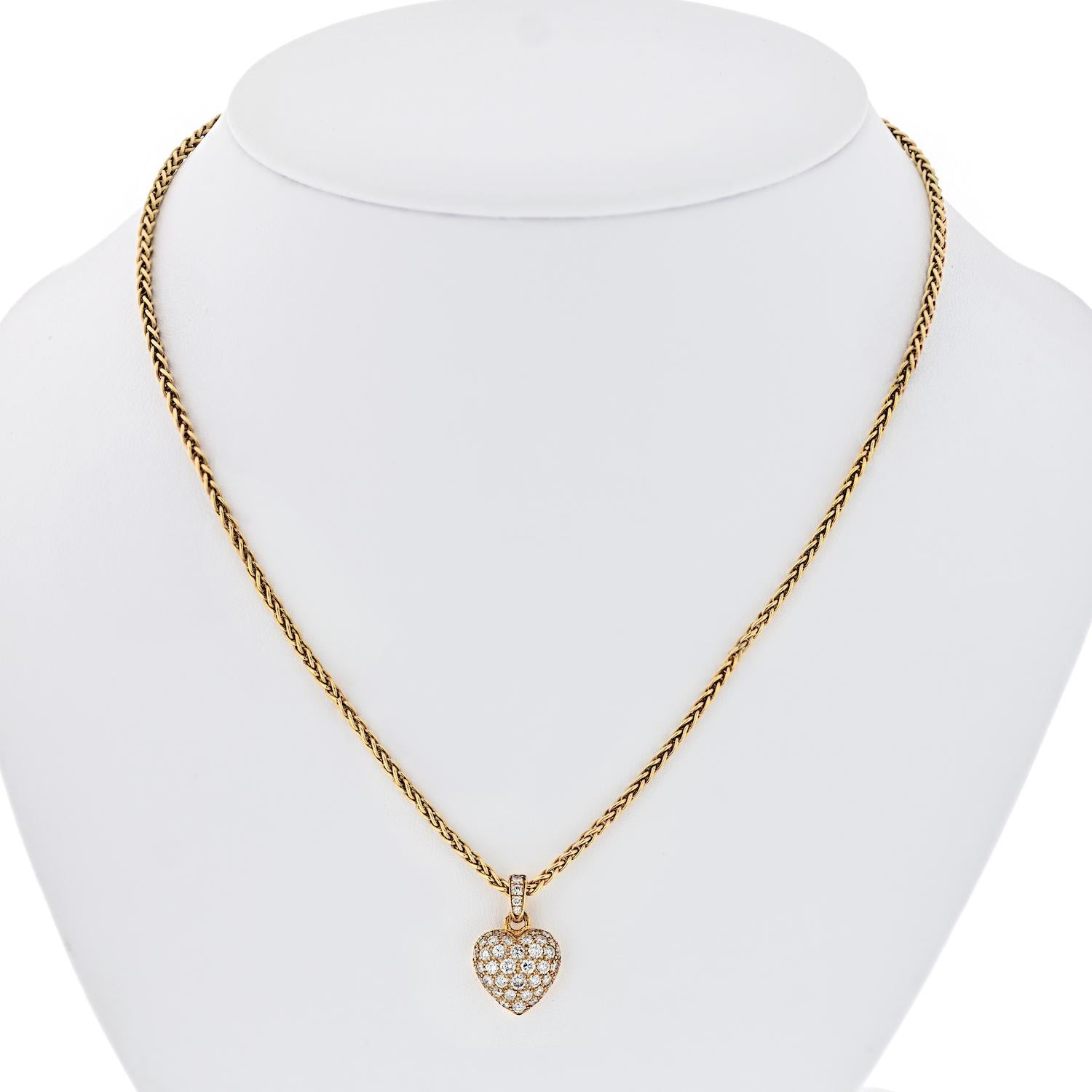 Round Cut Cartier Rose Gold Pave Diamond Heart Pendant on a Chain Necklace