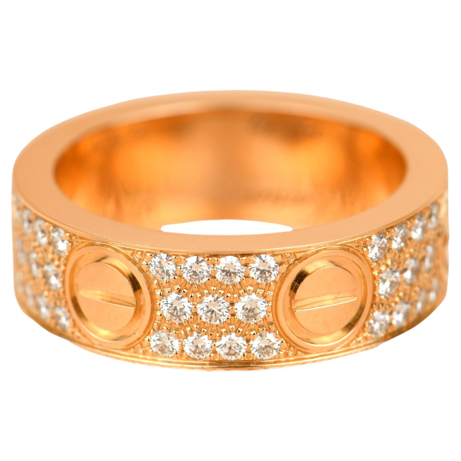 Cartier Rose Gold Pave Diamond Love Ring at 1stDibs