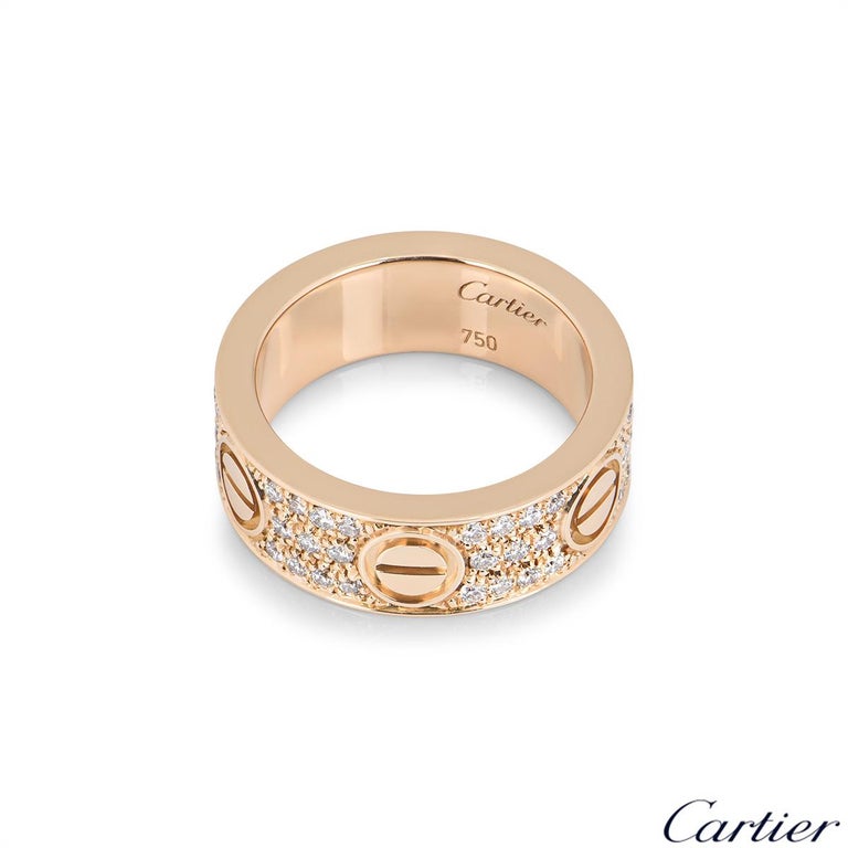 Cartier Rose Gold Pave Diamond Love Ring B4087600 In Excellent Condition For Sale In London, GB