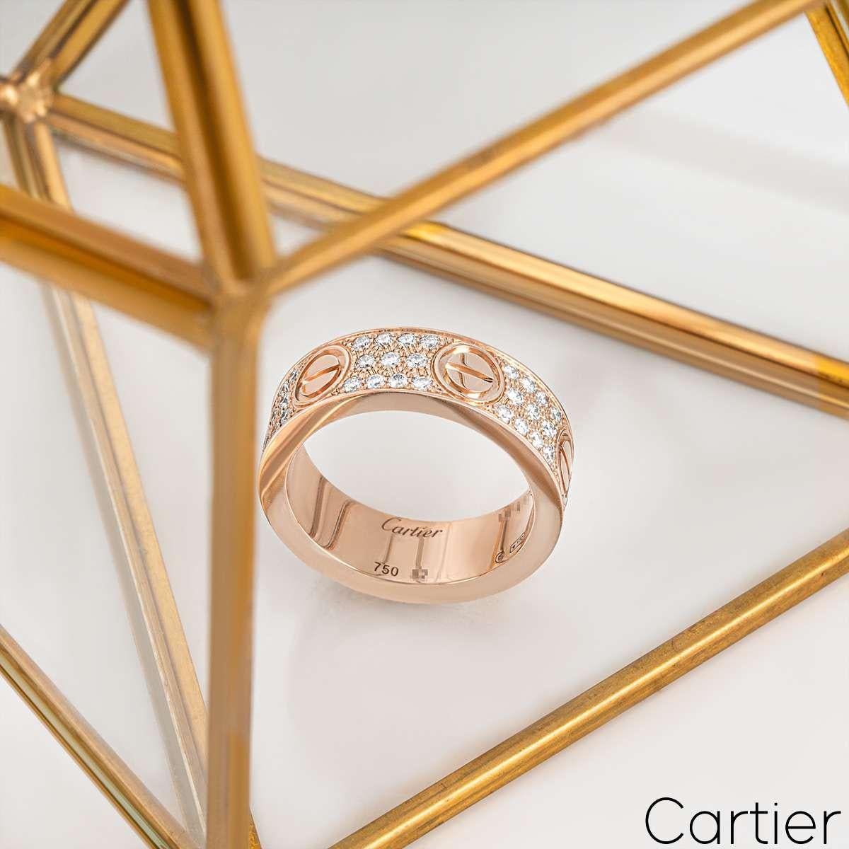 Cartier Rose Gold Pave Diamond Love Ring Size 52 B4087600 In Excellent Condition In London, GB