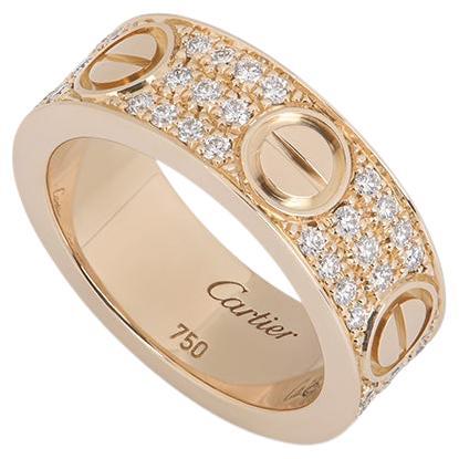 Cartier Rose Gold Pave Diamond Love Ring Size 56 B4087600 For Sale