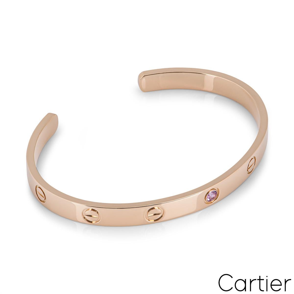 Round Cut Cartier Rose Gold Pink Sapphire Cuff Love Bracelet Size 19 B6030019 For Sale