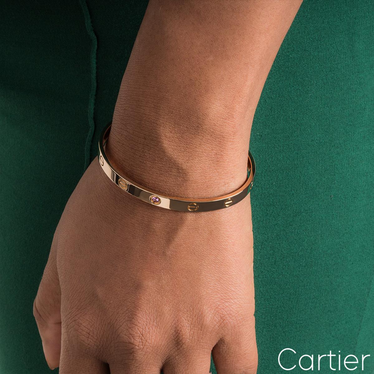 Women's Cartier Rose Gold Pink Sapphire Cuff Love Bracelet Size 19 B6030019 For Sale
