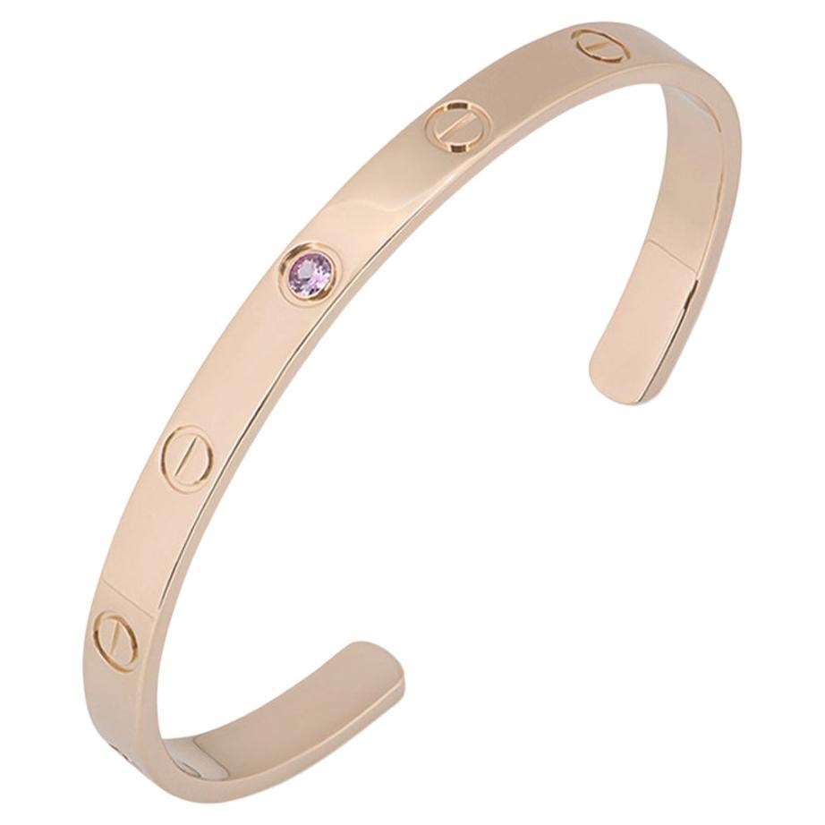 Cartier Rose Gold Pink Sapphire Cuff Love Bracelet Size 19 B6030019 For Sale
