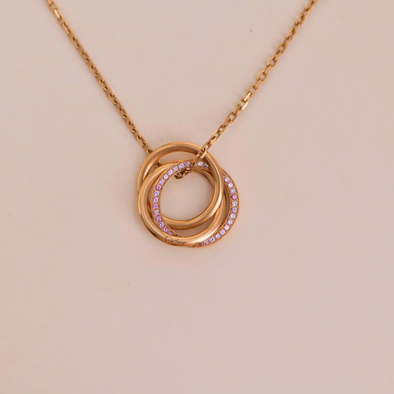 Brilliant Cut Cartier Rose Gold Pink Sapphire Trinity Pendant Necklace