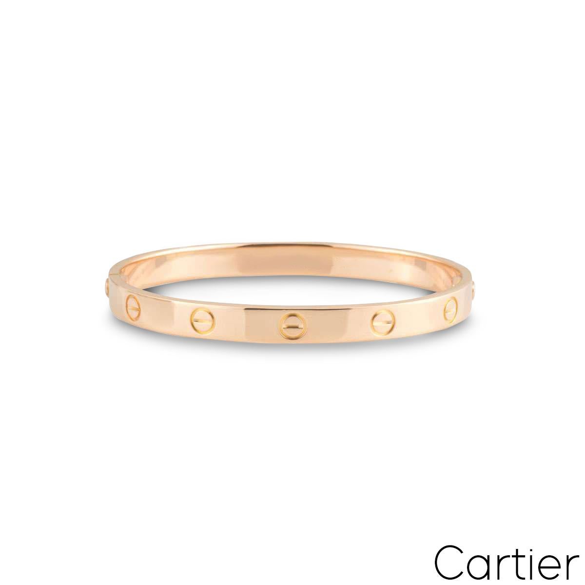 An iconic 18k rose gold Cartier bracelet from the Love collection. The bracelet comprises of the iconic screw motifs around the outer edge. The bracelet is a size 17 and features the new style screw system with a gross weight of 29.4 grams.

The