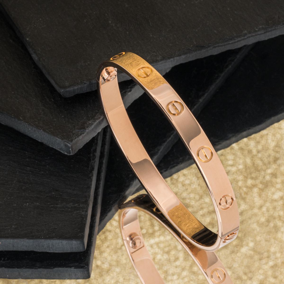 Cartier Rose Gold Plain Love Bracelet Size 17 B6035617 In Excellent Condition For Sale In London, GB