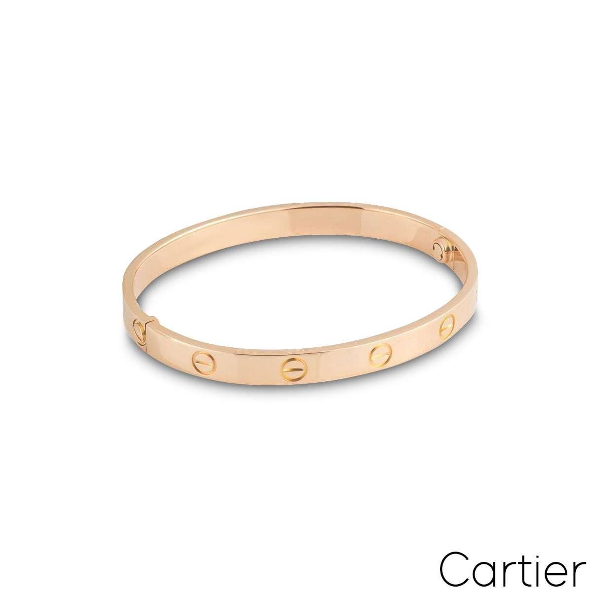 A signature Cartier bracelet, in 18k rose gold from the Love collection. The bracelet comprises of the iconic screw motif design on the outer edge. This bracelet is a size 18, features the new style screw system and has a gross weight of 32.22
