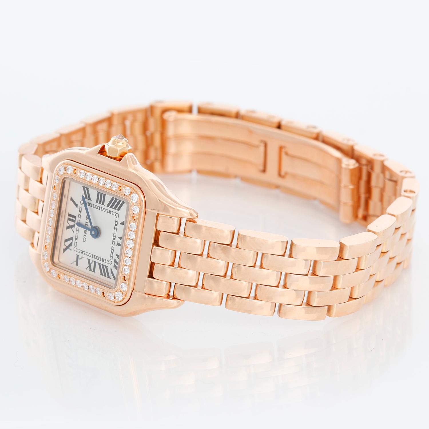 Cartier Rose Gold Small Panther With Diamonds Ladies Watch  - Quartz. 18K Rose Gold with brilliant cut diamond bezel  ( 22 x 30 mm ) . Silver dial with black roman numerals . 18K Rose Gold bracelet . Pre-owned with Cartier box with card. Dated 2018.