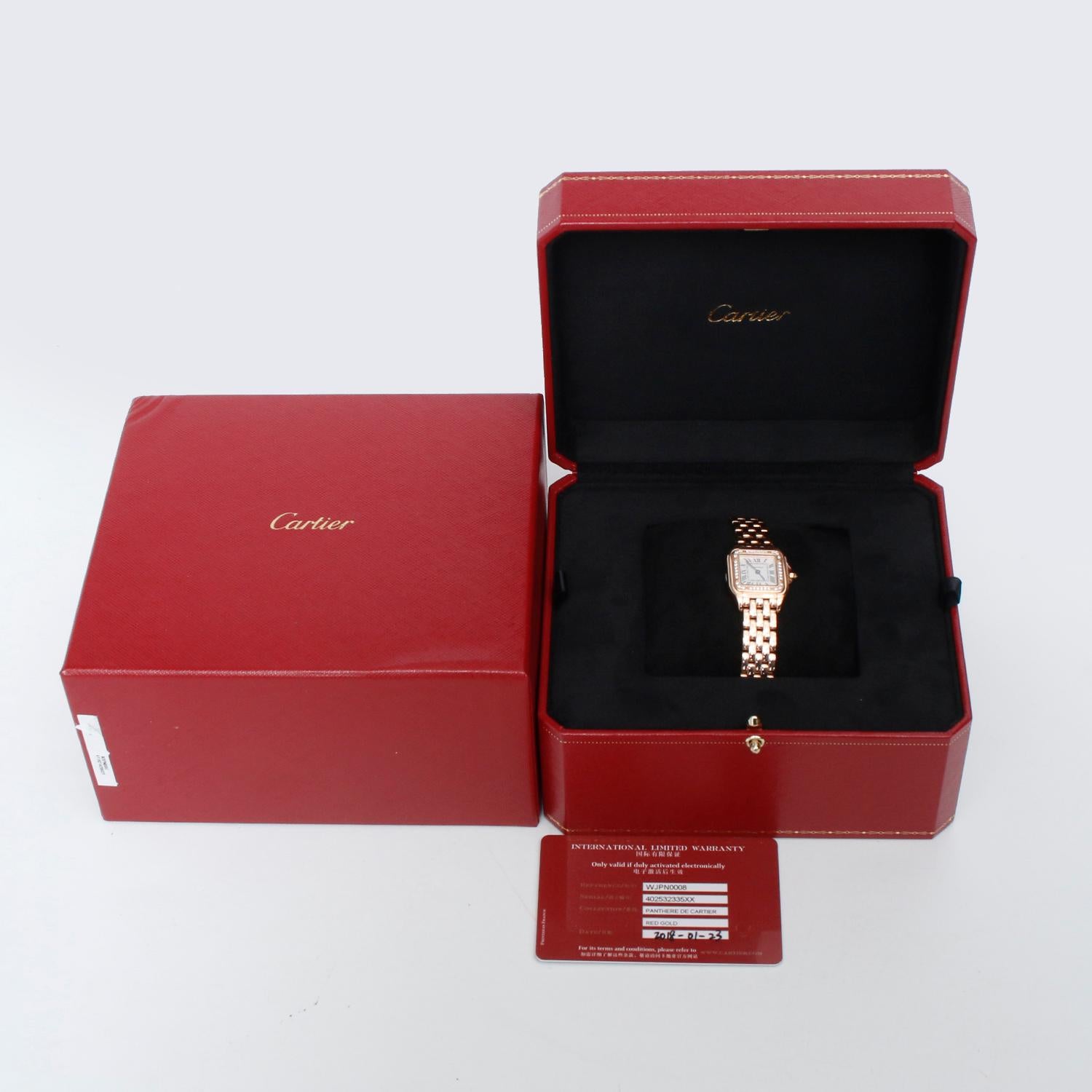 Cartier Rose Gold Small Panther With Diamonds Ladies Watch  - Quartz. 18K Rose Gold with brilliant cut diamond bezel  ( 22 x 30 mm ) . Silver dial with black roman numerals . 18K Rose Gold bracelet . Pre-owned with Cartier box with card. Dated 2018.