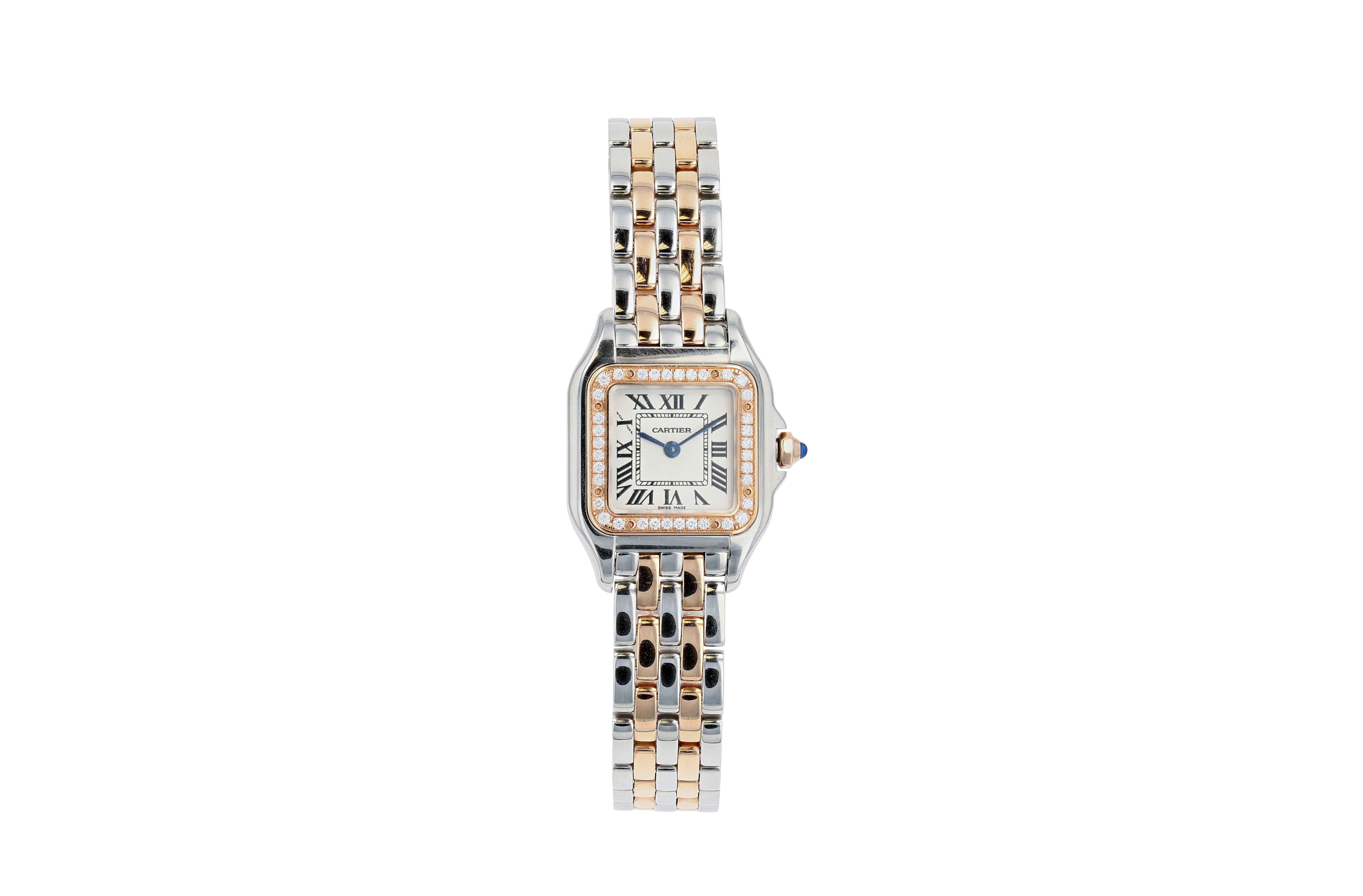 Un orologio da polso Cartier Panthere de Cartier in oro rosa, acciaio e diamanti. Questa Panthere è accompagnata dalla scatola e dai documenti originali e viene fornita con i link completi.

Sin dal suo lancio negli anni '80, il Cartier Panthere è