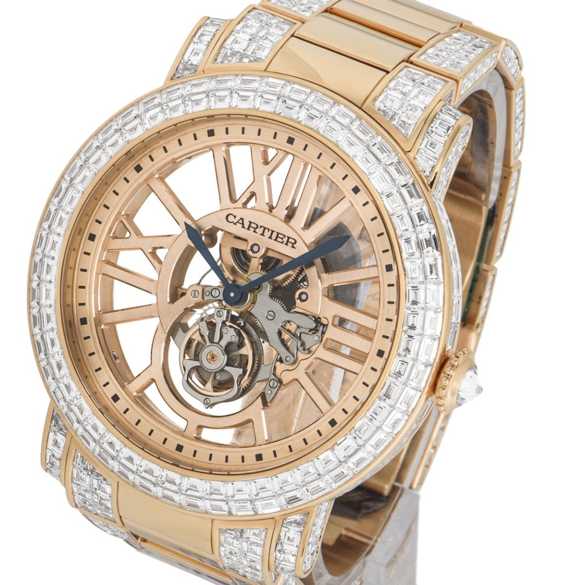 Cartier Roségold einzigartige Diamantbesetzte Tourbillon Skelett-Armbanduhr (Baguetteschliff) im Angebot