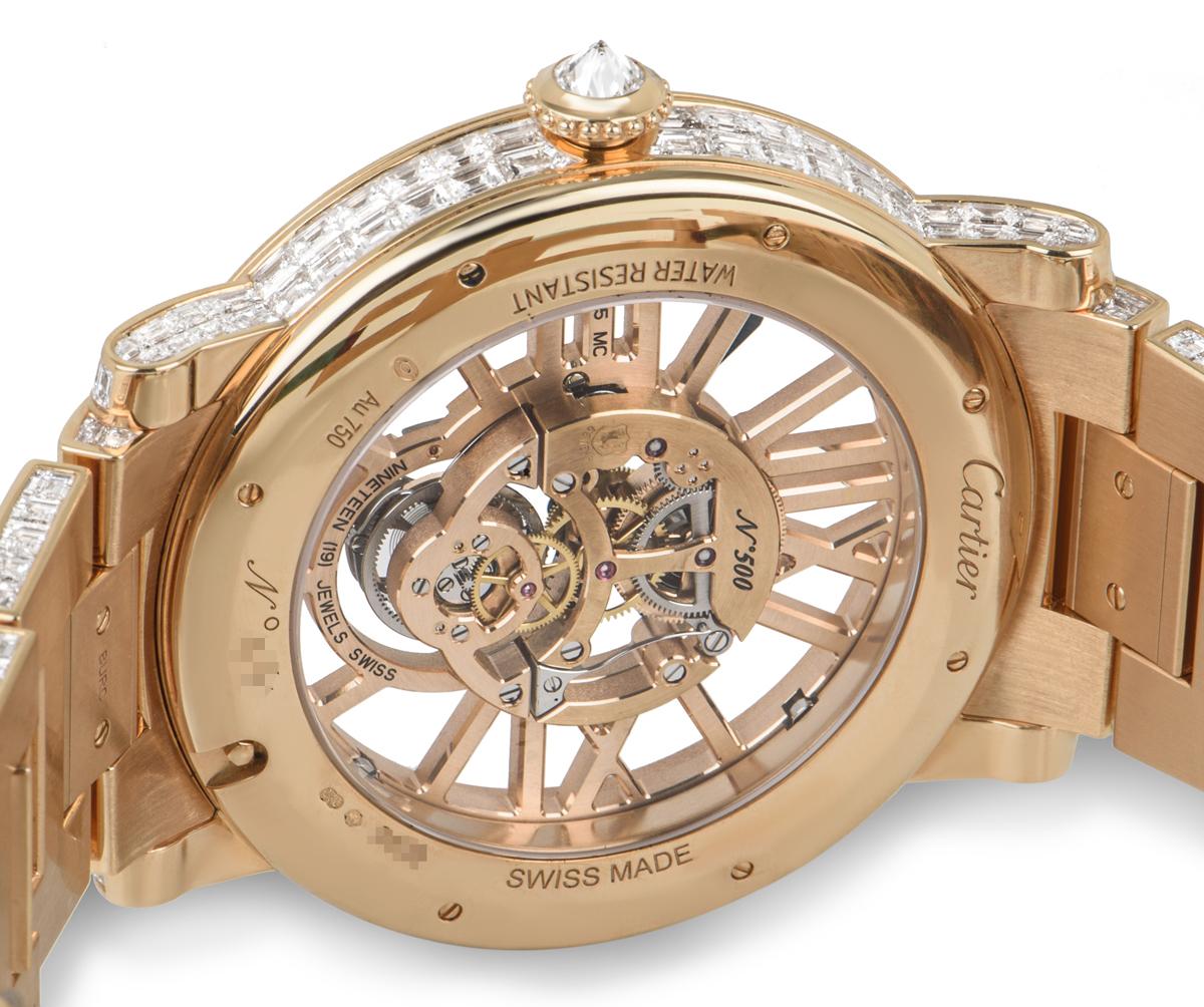 Cartier Roségold einzigartige Diamantbesetzte Tourbillon Skelett-Armbanduhr Herren im Angebot