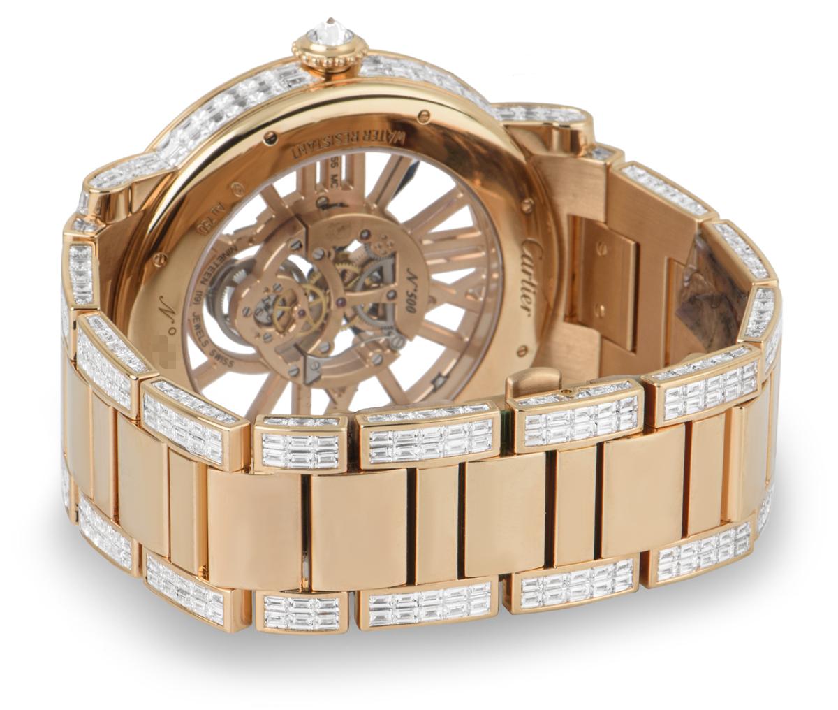 Cartier Montre-bracelet squelette unique en or rose et tourbillon serti de diamants en vente 1